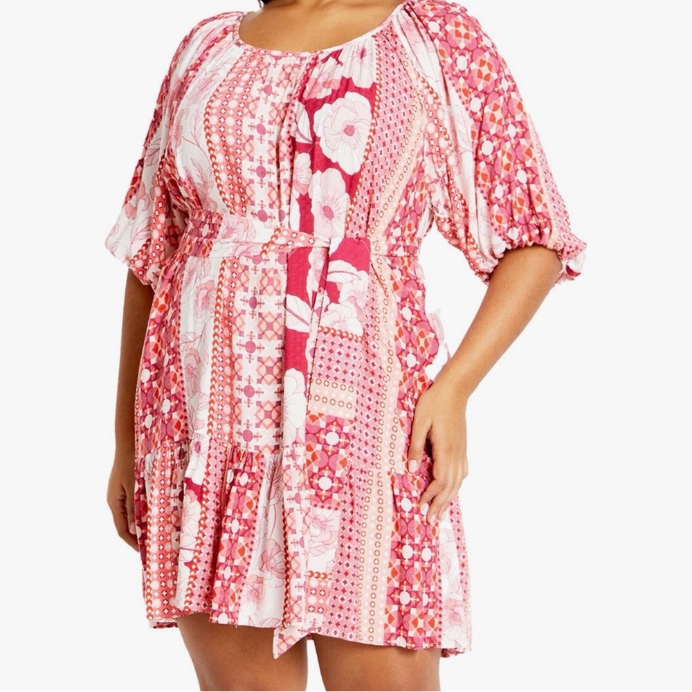 NWT City Chic Jemima Floral Patchwork Mini Dress Plus Size 18W Pink Belted‎